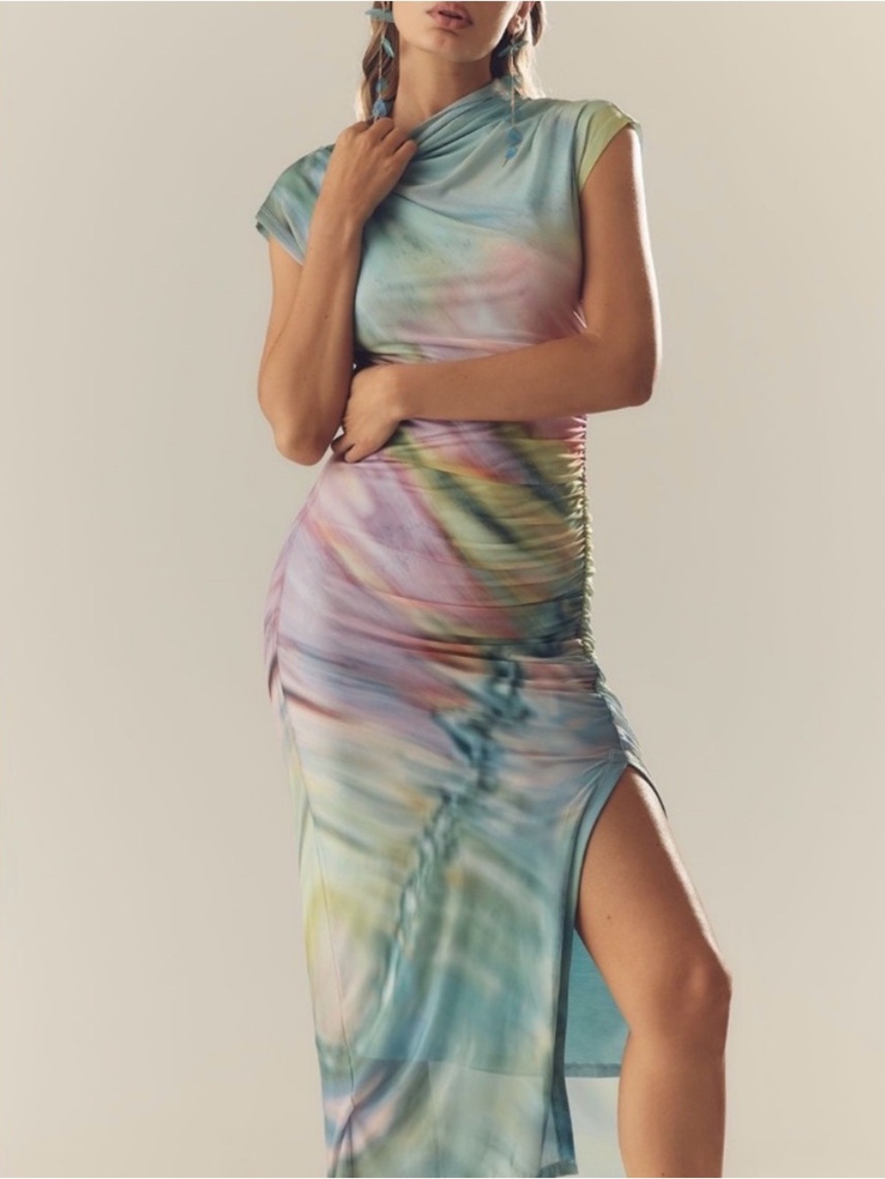 NWT Anthropologie Maya Ruched Cowl Neck Mesh Dress with Side Slit